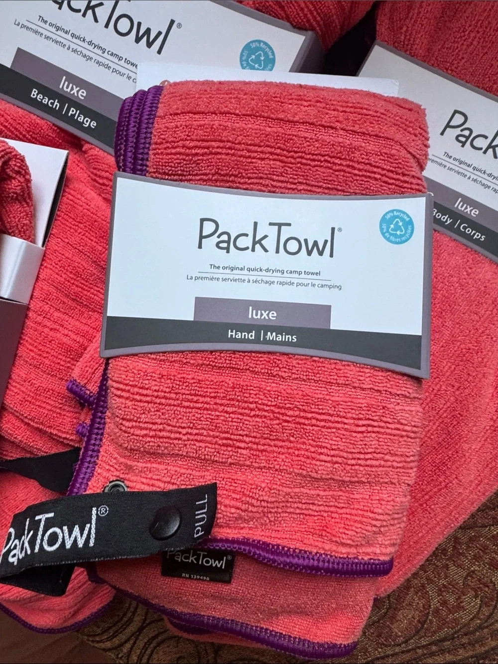 PackTowl Luxe set 4 Lightweight Microfiber Camping Travel towel coral NEW NWT
